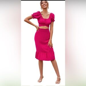 NWOT Amazon Lyaner Women’s Self Tie Knot Top and  Midi Ruffle Skirt set - Size L